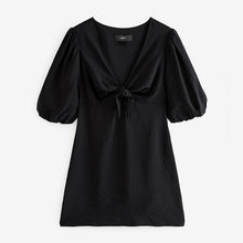 Load image into Gallery viewer, Black Tie Front Puff Sleeve Mini Dress