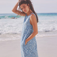 Load image into Gallery viewer, Blue/White Linen Blend Sleeveless Shift Dress