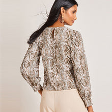 Load image into Gallery viewer, Snake Print Long Sleeve Textured Crew Neck Cuff Blouse