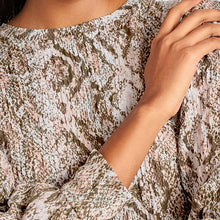 Load image into Gallery viewer, Snake Print Long Sleeve Textured Crew Neck Cuff Blouse