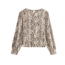Load image into Gallery viewer, Snake Print Long Sleeve Textured Crew Neck Cuff Blouse