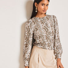 Load image into Gallery viewer, Snake Print Long Sleeve Textured Crew Neck Cuff Blouse
