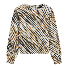Load image into Gallery viewer, Khaki Green Print Long Sleeve Textured Crew Neck Cuff Blouse