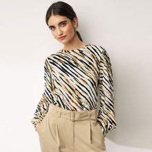 Load image into Gallery viewer, Khaki Green Print Long Sleeve Textured Crew Neck Cuff Blouse