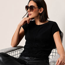 Load image into Gallery viewer, Black Short Sleeve Ruched Front Textured T-Shirt