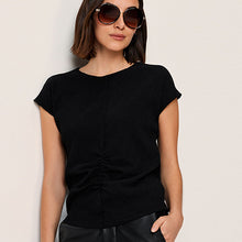 Load image into Gallery viewer, Black Short Sleeve Ruched Front Textured T-Shirt