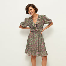 Load image into Gallery viewer, Khaki Green Floral Print Mini Short Sleeve Frill Dress