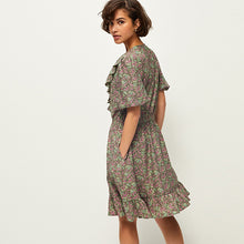 Load image into Gallery viewer, Khaki Green Floral Print Mini Short Sleeve Frill Dress