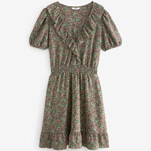 Load image into Gallery viewer, Khaki Green Floral Print Mini Short Sleeve Frill Dress