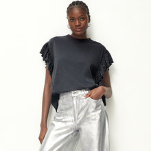 Load image into Gallery viewer, Charcoal Grey Sparkle 100% Cotton Sparkle Stud Ruffle Sleeve T-Shirt