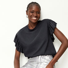Load image into Gallery viewer, Charcoal Grey Sparkle 100% Cotton Sparkle Stud Ruffle Sleeve T-Shirt