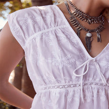 Load image into Gallery viewer, White 100% Cotton Broderie V-Neck Lace Detail Short Sleeve Top