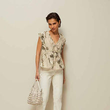 Load image into Gallery viewer, Khaki Green Broderie V-Neck Lace Detail Short Sleeve Top