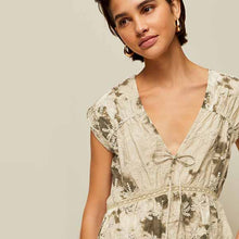 Load image into Gallery viewer, Khaki Green Broderie V-Neck Lace Detail Short Sleeve Top