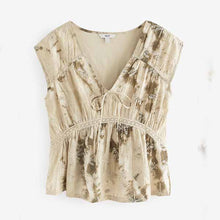 Load image into Gallery viewer, Khaki Green Broderie V-Neck Lace Detail Short Sleeve Top