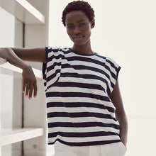 Load image into Gallery viewer, White/Blue Crew Neck 100% Cotton Look Slub Jersey Cap Sleeve Printed T-Shirt