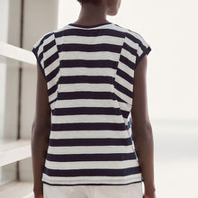 Load image into Gallery viewer, White/Blue Crew Neck 100% Cotton Look Slub Jersey Cap Sleeve Printed T-Shirt