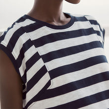 Load image into Gallery viewer, White/Blue Crew Neck 100% Cotton Look Slub Jersey Cap Sleeve Printed T-Shirt