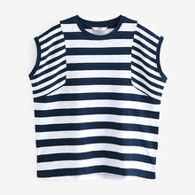 Load image into Gallery viewer, White/Blue Crew Neck 100% Cotton Look Slub Jersey Cap Sleeve Printed T-Shirt