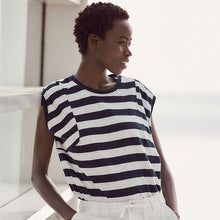 Load image into Gallery viewer, White/Blue Crew Neck 100% Cotton Look Slub Jersey Cap Sleeve Printed T-Shirt