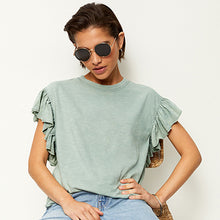 Load image into Gallery viewer, Sage Green Sparkle Stud Ruffle Sleeve T-Shirt