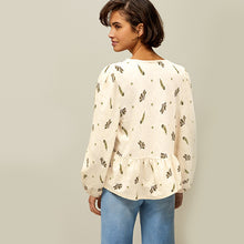Load image into Gallery viewer, Ecru Paisley Print Long Sleeve V-Neck Twist Front Top