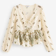 Load image into Gallery viewer, Ecru Paisley Print Long Sleeve V-Neck Twist Front Top