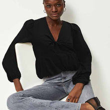 Load image into Gallery viewer, Black Long Sleeve V-Neck Twist Front Top