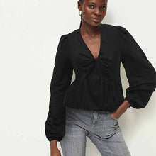 Load image into Gallery viewer, Black Long Sleeve V-Neck Twist Front Top