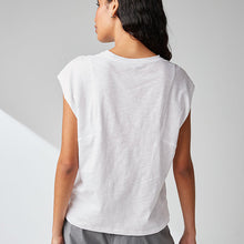 Load image into Gallery viewer, White Ground Crew Neck Linen Look Sub Jersey Cap Sleeve 100% Cotton T-Shirt