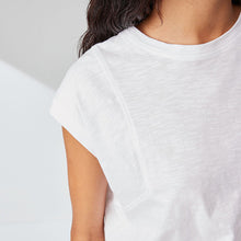 Load image into Gallery viewer, White Ground Crew Neck Linen Look Sub Jersey Cap Sleeve 100% Cotton T-Shirt