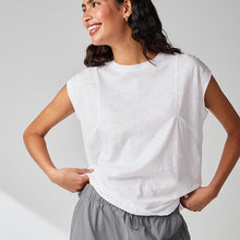 Load image into Gallery viewer, White Ground Crew Neck Linen Look Sub Jersey Cap Sleeve 100% Cotton T-Shirt