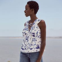 Load image into Gallery viewer, Blue Print Broderie Sleeveless Tie Top