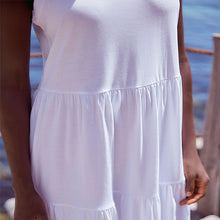 Load image into Gallery viewer, White Sleeveless 100% Cotton Crew Neck Tiered Summer Maxi Jersey Dress