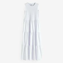 Load image into Gallery viewer, White Sleeveless 100% Cotton Crew Neck Tiered Summer Maxi Jersey Dress