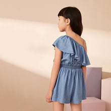 Load image into Gallery viewer, Blue Denim Asymmetric Frill Playsuit