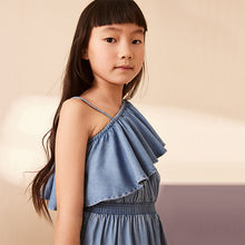 Load image into Gallery viewer, Blue Denim Asymmetric Frill Playsuit