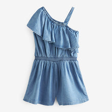 Load image into Gallery viewer, Blue Denim Asymmetric Frill Playsuit