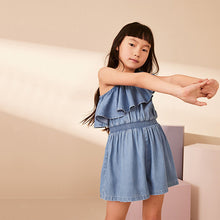 Load image into Gallery viewer, Blue Denim Asymmetric Frill Playsuit
