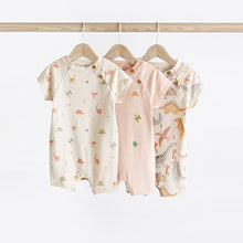 Load image into Gallery viewer, Neutral Dinosaur Baby Jersey Rompers 3 Pack