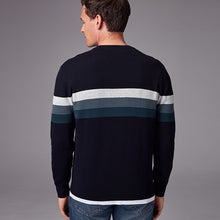 Load image into Gallery viewer, Navy Blue 100% Cotton Horizontal Stripe Crew Jumper