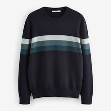 Load image into Gallery viewer, Navy Blue 100% Cotton Horizontal Stripe Crew Jumper