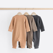 Load image into Gallery viewer, Neutral Tan Brown 100% Cotton Baby Zip Sleepsuits 3 Pack (0-2yrs)