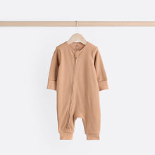 Load image into Gallery viewer, Neutral Tan Brown 100% Cotton Baby Zip Sleepsuits 3 Pack (0-2yrs)