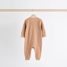 Load image into Gallery viewer, Neutral Tan Brown 100% Cotton Baby Zip Sleepsuits 3 Pack (0-2yrs)