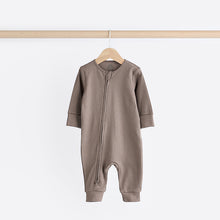 Load image into Gallery viewer, Neutral Tan Brown 100% Cotton Baby Zip Sleepsuits 3 Pack (0-2yrs)