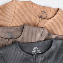 Load image into Gallery viewer, Neutral Tan Brown 100% Cotton Baby Zip Sleepsuits 3 Pack (0-2yrs)