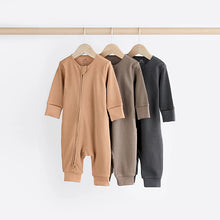Load image into Gallery viewer, Neutral Tan Brown 100% Cotton Baby Zip Sleepsuits 3 Pack (0-2yrs)