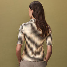 Load image into Gallery viewer, Black/Ecru Ribbed Lettuce Hem Collared Polo Top