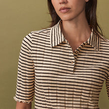 Load image into Gallery viewer, Black/Ecru Ribbed Lettuce Hem Collared Polo Top